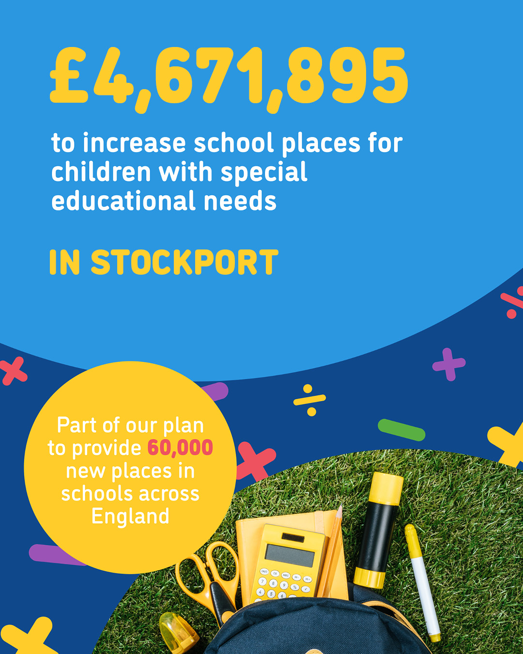 Graphic stating that £4,671,895 of funding is going to Stockport borough to increase school places for children with special educational needs